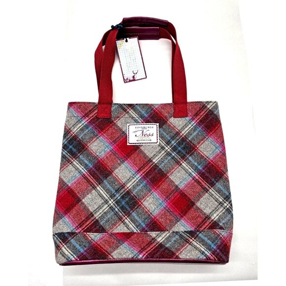 NESS Scotland Tweed Wool Tartan Plaid Bag Fall Teacher Tote Burgundy Gray - Picture 1 of 7